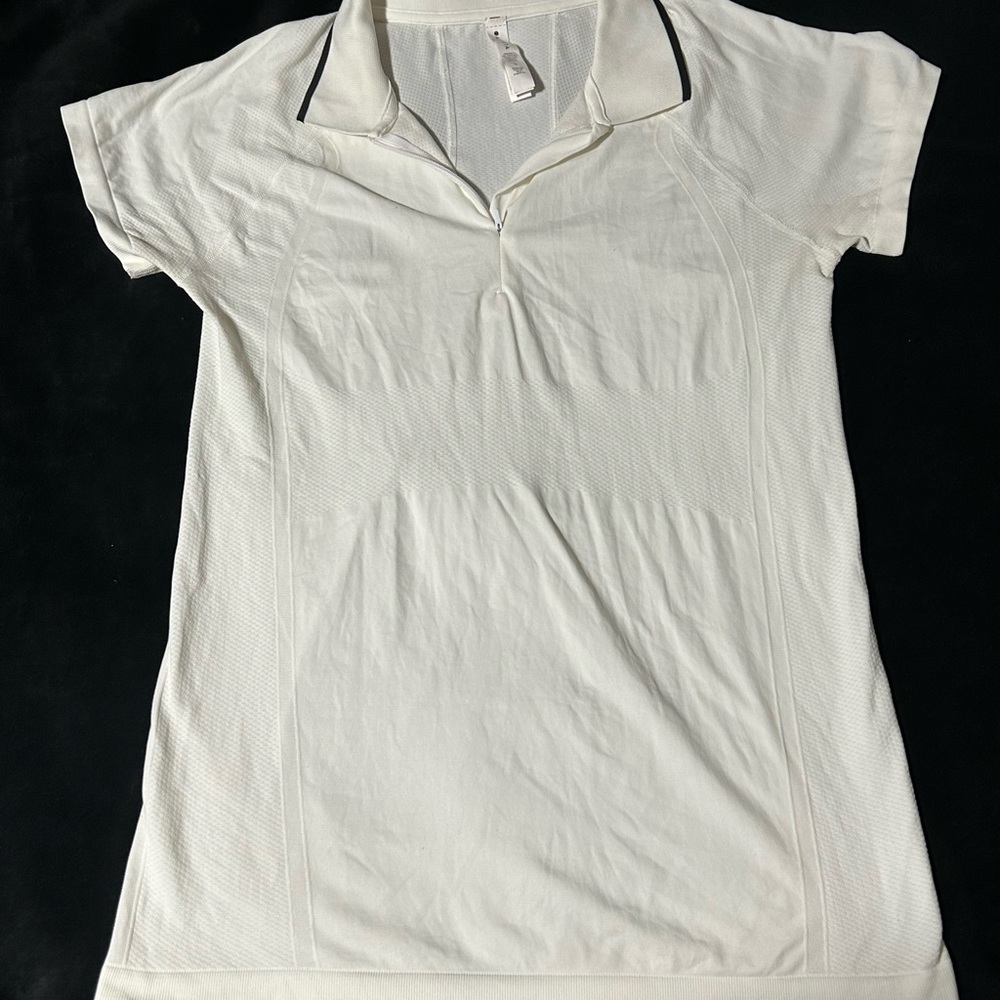 ATHLETA Momentum Seamless Polo Tee White w/Black Tipping Zip 
: size large